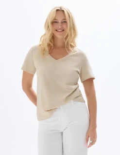 Biologisch katoenen T-shirt met V-hals - beige