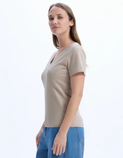 Biologisch katoenen V-hals t-shirt - beige
