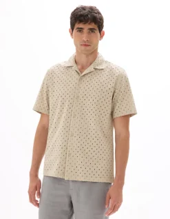 Blouse met broderie anglaise, normale pasvorm, 100% katoen - beige