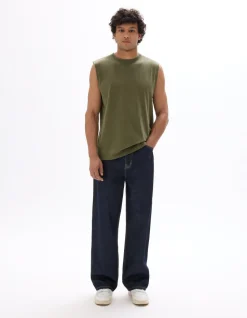 Boxy mouwloze top met ronde hals 100% katoen - kaki