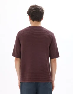 Boxy T-shirt met ronde hals in ajourbreisel - bes