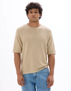 Boxy T-shirt van ajourbreisel met ronde hals - zand