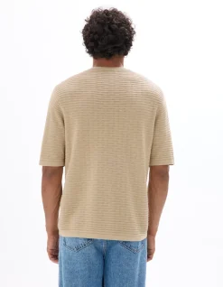 Boxy T-shirt van ajourbreisel met ronde hals - zand