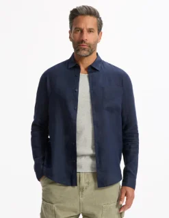 Casual regular fit 100% linnen hemd - marineblauw