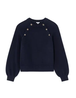 Dames trui ronde hals met sierknopen - marineblauw