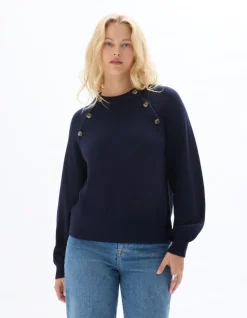 Dames trui ronde hals met sierknopen - marineblauw
