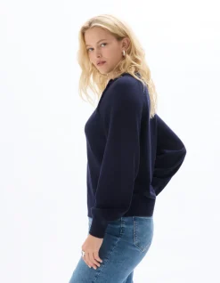 Dames trui ronde hals met sierknopen - marineblauw