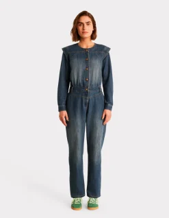 Denim jumpsuit met ronde hals - blauw