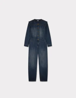 Denim jumpsuit met ronde hals - blauw