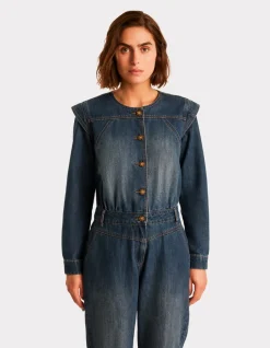 Denim jumpsuit met ronde hals - blauw