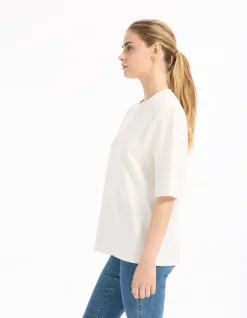Effen T-shirt met schouderdetail - ecru