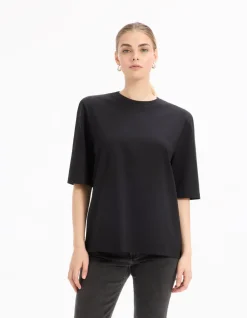 Effen T-shirt met schoudervullingen - Zwart