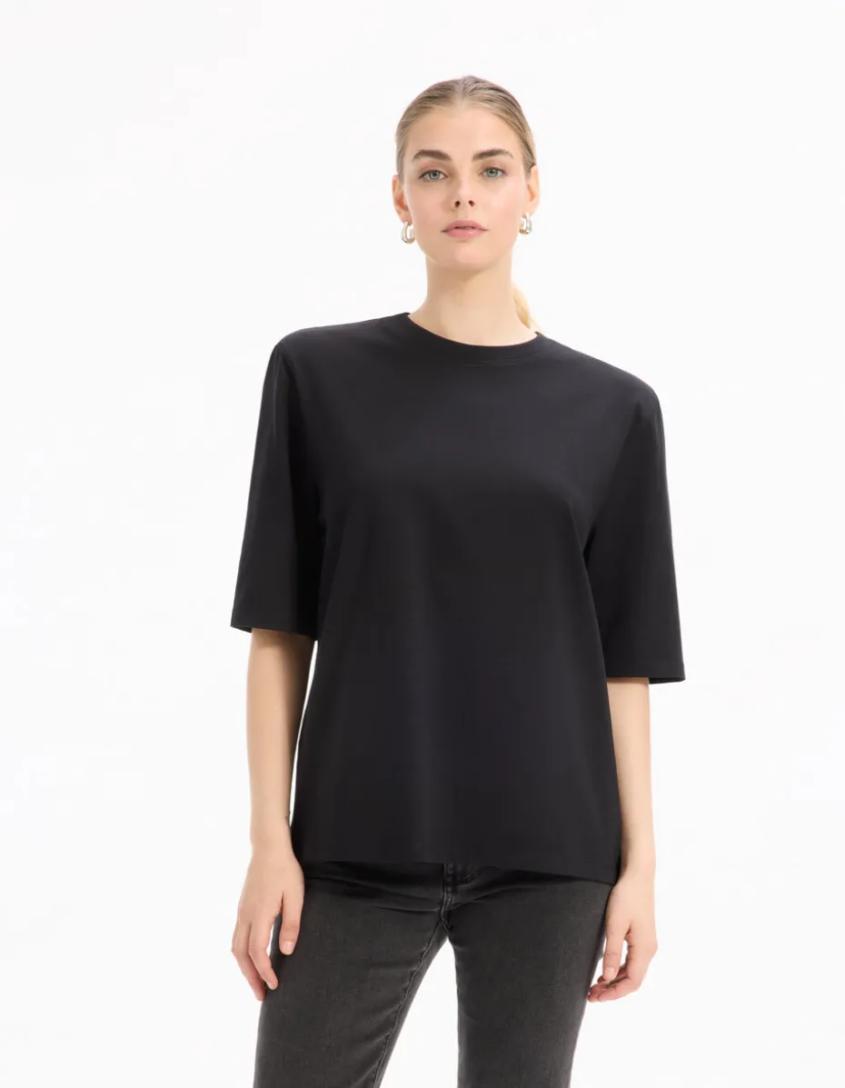 Effen T-shirt met schoudervullingen - Zwart