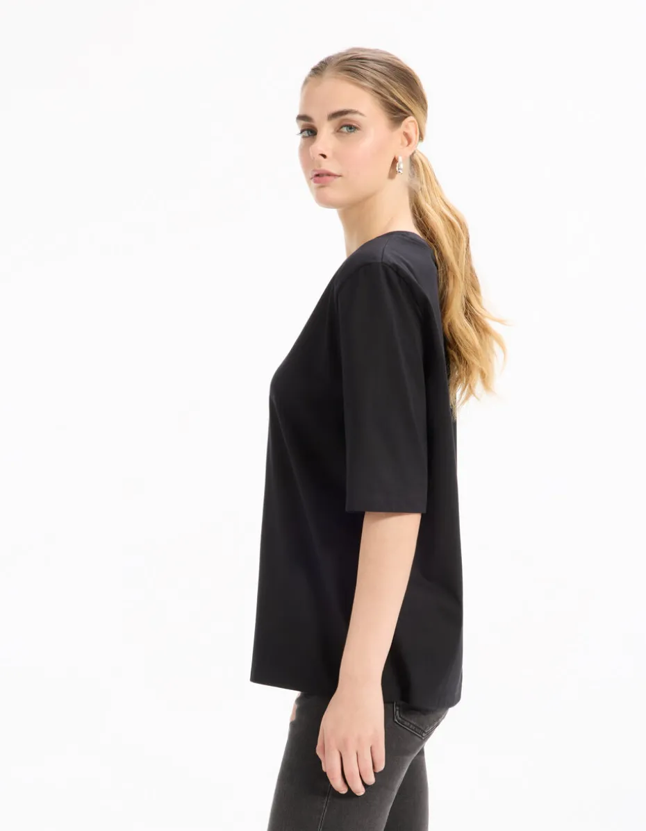 Effen T-shirt met schoudervullingen - Zwart