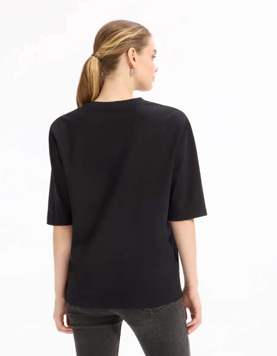 Effen T-shirt met schoudervullingen - Zwart