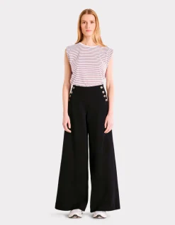 extra brede broek met decoratieve knopen - zwart