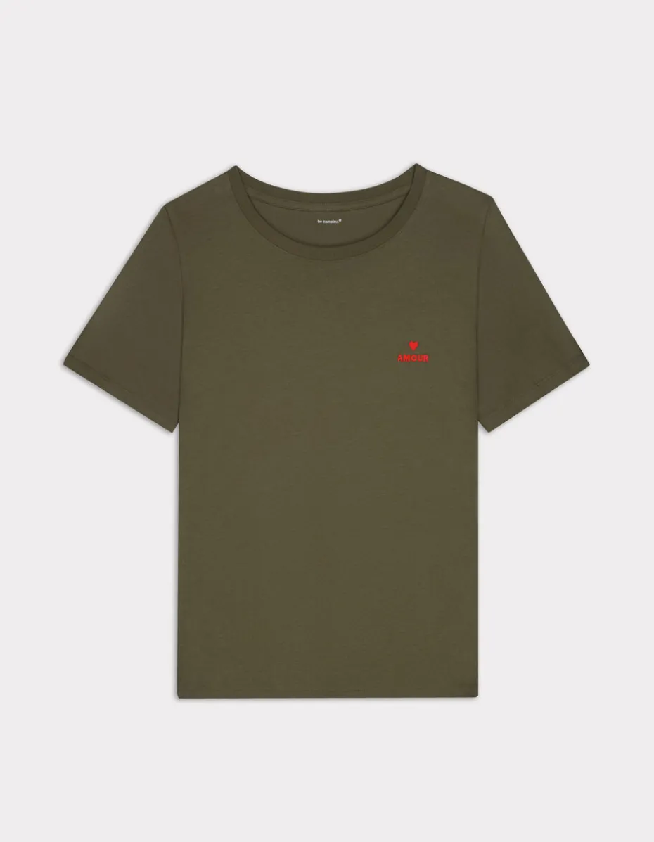 Geborduurd T-shirt met ronde hals - kaki