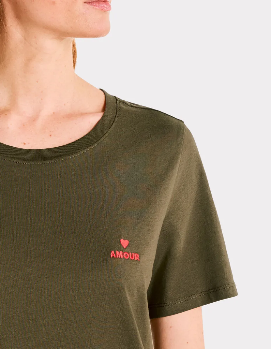 Geborduurd T-shirt met ronde hals - kaki