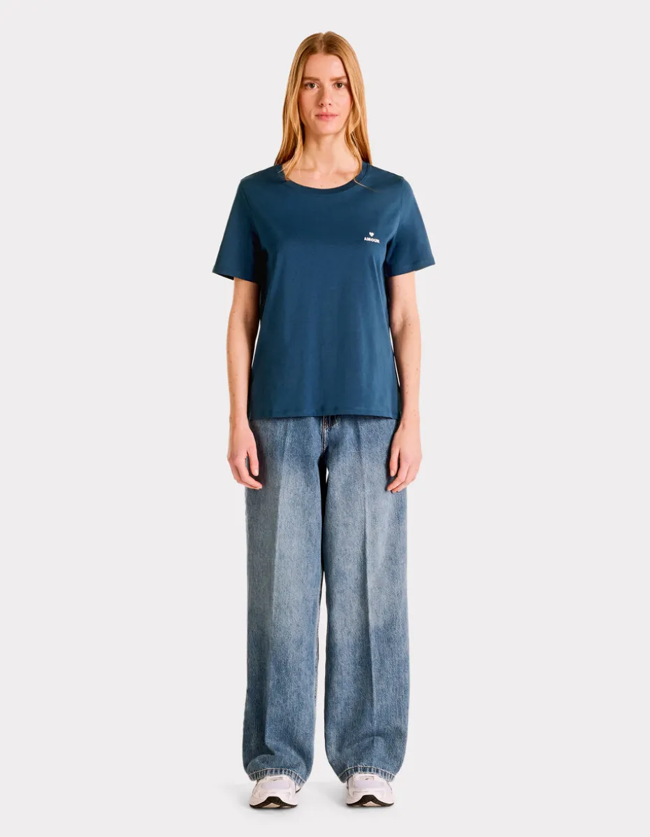 Geborduurd T-shirt met ronde hals - blauw