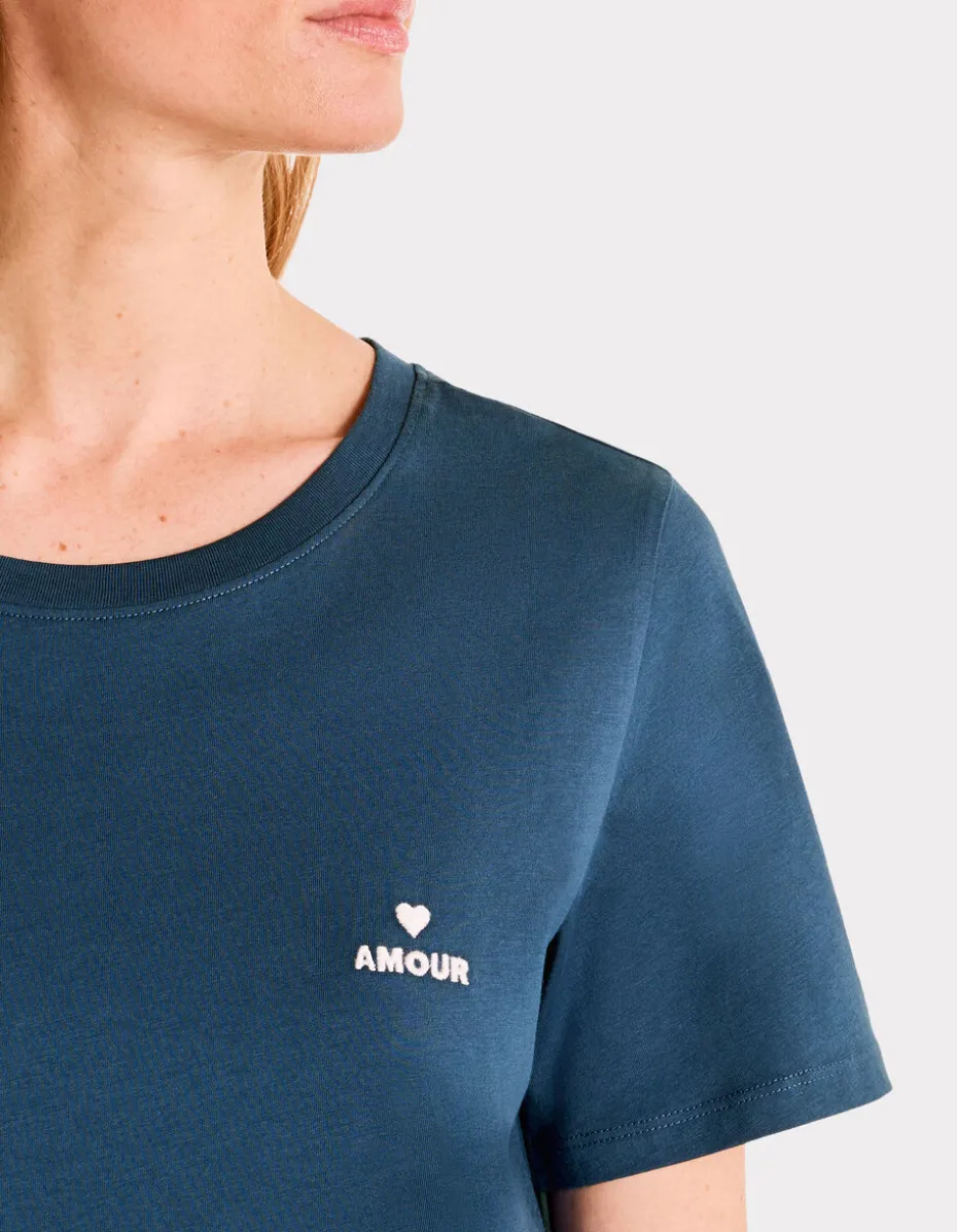 Geborduurd T-shirt met ronde hals - blauw