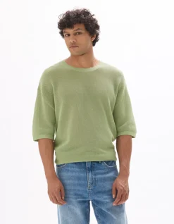 Gebreide boxy T-shirt met ronde hals - salie