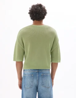 Gebreide boxy T-shirt met ronde hals - salie