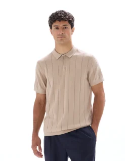 Gebreide regular fit polo met ritskraag - beige