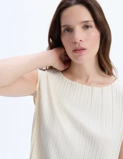 Geplooide mesh top - beige