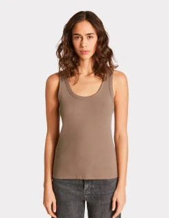 Geribbeld stretchkatoenen tanktopje - taupe