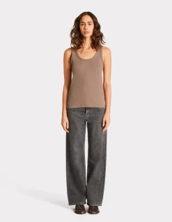 Geribbeld stretchkatoenen tanktopje - taupe