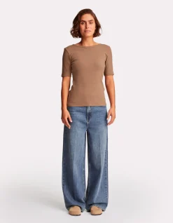 Geribbeld T-shirt met korte mouwen - beige
