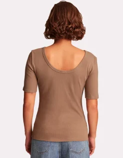 Geribbeld T-shirt met korte mouwen - beige