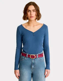Geribbeld T-shirt met lange mouwen - blauw