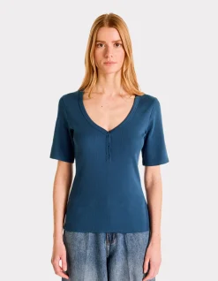 Geribbeld V-hals T-shirt - blauw