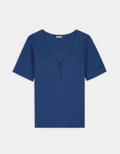 Geribbeld V-hals T-shirt - blauw