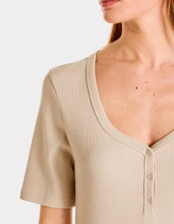 Geribbeld V-hals T-shirt - beige