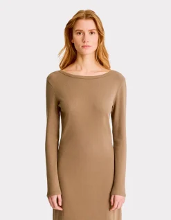 Geribbelde lange jurk - beige