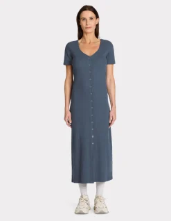 Geribbelde maxi-jurk met knoopjes - blauw