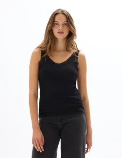Geribbelde tanktop met kant - zwart