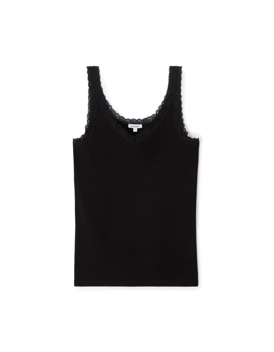 Geribbelde tanktop met kant - zwart