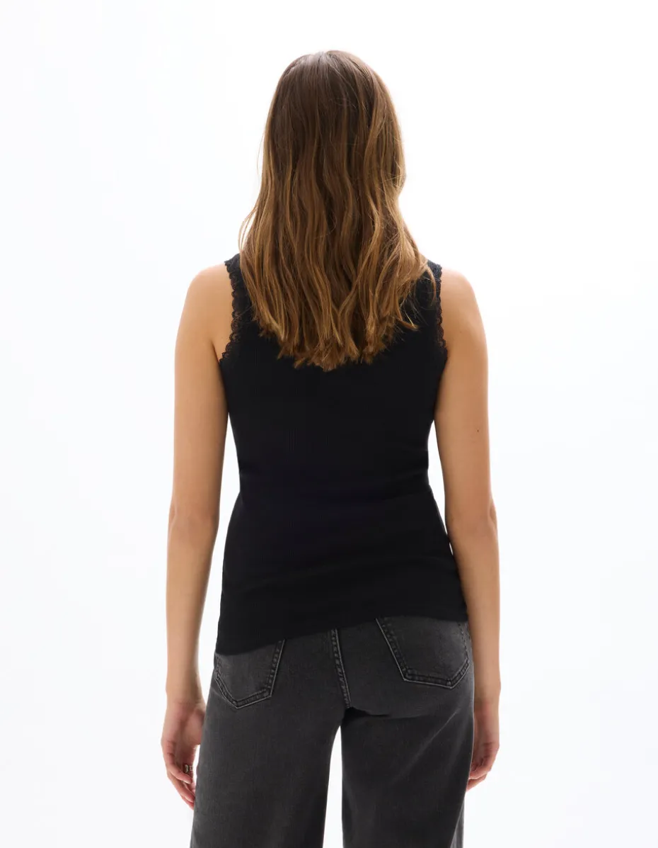 Geribbelde tanktop met kant - zwart