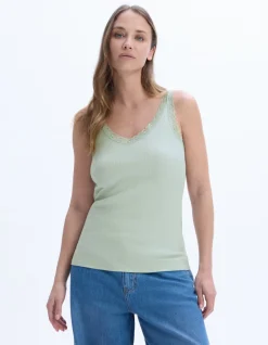 Geribbelde tanktop met kant - groen