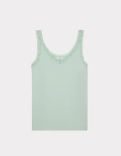 Geribbelde tanktop met kant - groen