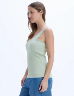 Geribbelde tanktop met kant - groen