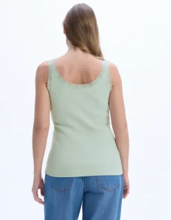 Geribbelde tanktop met kant - groen