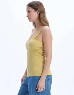 Geribbelde tanktop met kant - geel