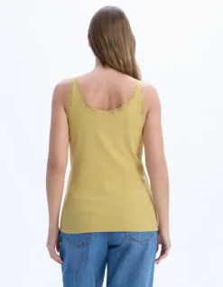 Geribbelde tanktop met kant - geel