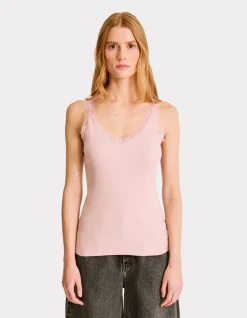 Geribbelde tanktop met kant - roze