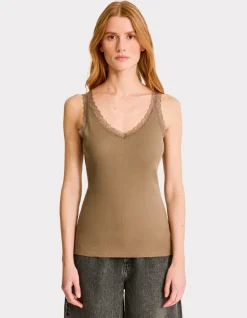 Geribbelde tanktop met kant - kaki