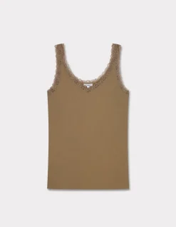 Geribbelde tanktop met kant - kaki